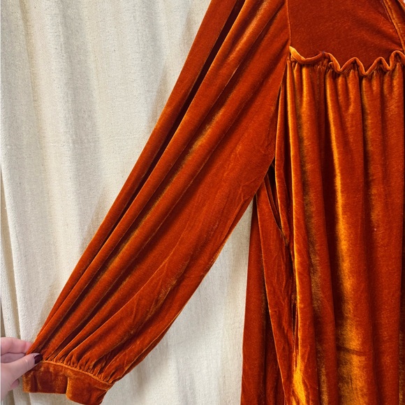 NWT, Rust Orange, Ruffle Bottom, Ruffle Chest Trim, Collared Velvet Dress - Picture 2 of 4